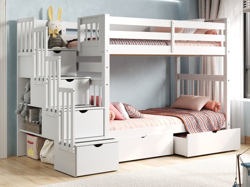 Bunk Beds Tall Twin over Twin Stairway + Drawers, White