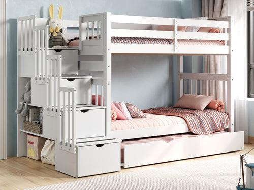 Bunk Beds Tall Twin over Twin Stairway + Trundle, White