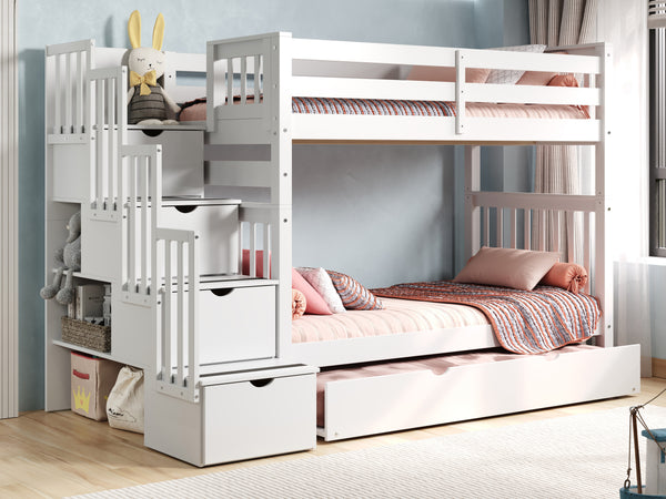 This Tall Twin over Twin Stairway Bunk Bed with a Twin Trundle in White will look great in your Home