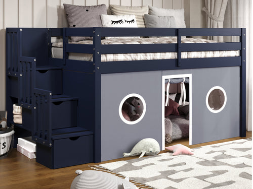 Bedz King Contemporary Low Loft Twin Bed with 3 Step-Stairway, Blue with Gray & White Tent