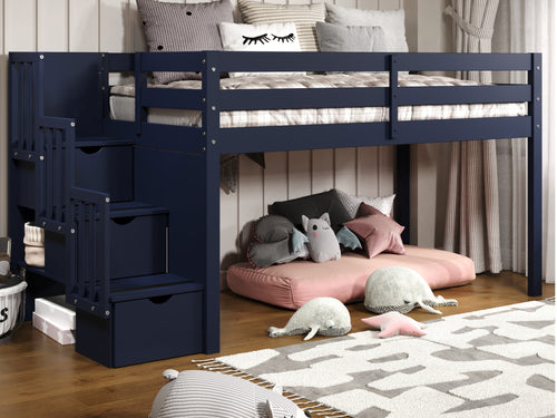 Bedz King Contemporary Low Loft Twin Bed with 3 Step-Stairway, Blue