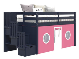 Bedz King Twin Low Loft Contemporary Bed with Stairway in Blue and Pink and White Tent for only $525