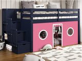 This Twin Low Loft Bed in Blue with a Pink and White Tent will look great in your child's bedroom