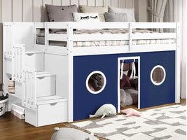 This Twin Low Loft Bed in White with a Blue and White Tent will look great in your child's bedroom