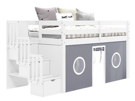 Bedz King Twin Low Loft Contemporary Bed with Stairway in White and Gray and White Tent for only $525
