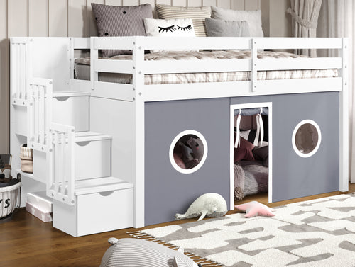 Bedz King Contemporary Low Loft Twin Bed with 3 Step-Stairway, White with Gray & White Tent