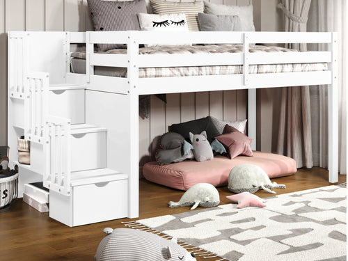 Bedz King Contemporary Low Loft Twin Bed with 3 Step-Stairway, White