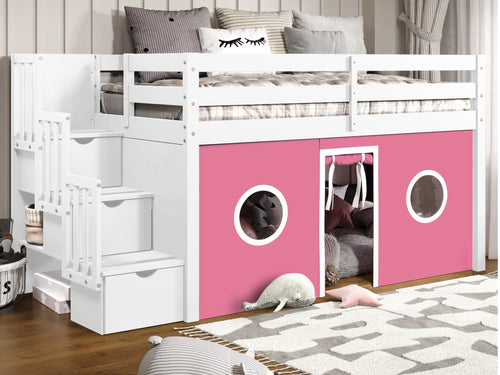 Bedz King Contemporary Low Loft Twin Bed with 3 Step-Stairway, White with Pink & White Tent
