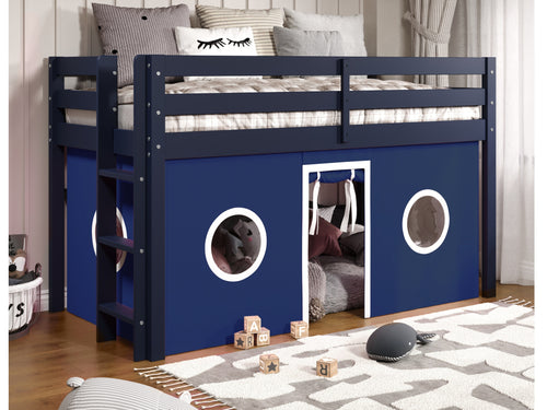 Bedz King Contemporary Low Loft Twin Bed with End Ladder, Blue with Blue & White Tent