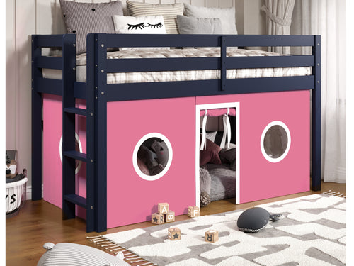 Bedz King Contemporary Low Loft Twin Bed with End Ladder, Blue with Pink & White Tent