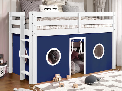 Bedz King Contemporary Low Loft Twin Bed with End Ladder, White with Blue & White Tent