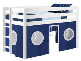 Bedz King Twin Low Loft Contemporary Bed with Ladder in White and Blue and White Tent for only $325