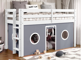 This Twin Low Loft Bed in White with a Gray and White Tent will look great in your child's bedroom