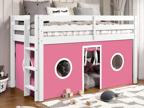 Bedz King Contemporary Low Loft Twin Bed with End Ladder, White with Pink & White Tent