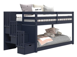 Attaching the underbed to the legs of the loft bed creates a low twin over twin bunk bed
