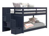 Attaching the underbed to the legs of the loft bed creates a low twin over twin bunk bed