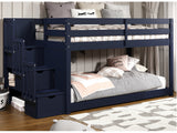 This Twin over Twin Low  Bunk Bed with a 3-Step Stairway in Blue will look great in your child's bedroom