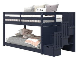 Attaching the underbed to the legs of the loft bed creates a low twin over twin bunk bed