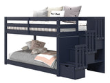 Attaching the underbed to the legs of the loft bed creates a low twin over twin bunk bed