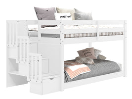 Attaching the underbed to the legs of the loft bed creates a low twin over twin bunk bed
