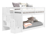 Attaching the underbed to the legs of the loft bed creates a low twin over twin bunk bed