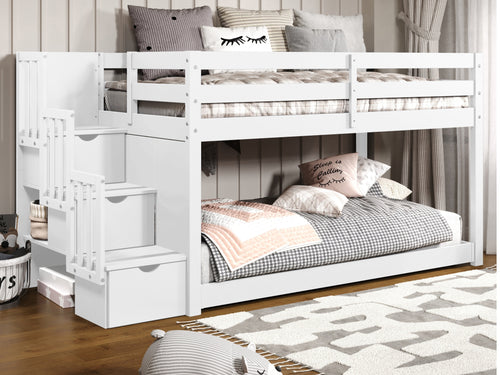 Bedz King Twin Low Loft Bed, Stairway and Under Bed, White