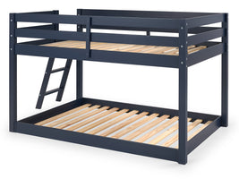 Attaching the underbed to the legs of the loft bed creates a low twin over twin bunk bed