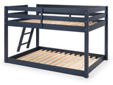 Attaching the underbed to the legs of the loft bed creates a low twin over twin bunk bed