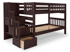 Twin over Twin Bunk Bed Dark Cherry with 3 Step Stairway and Drawers