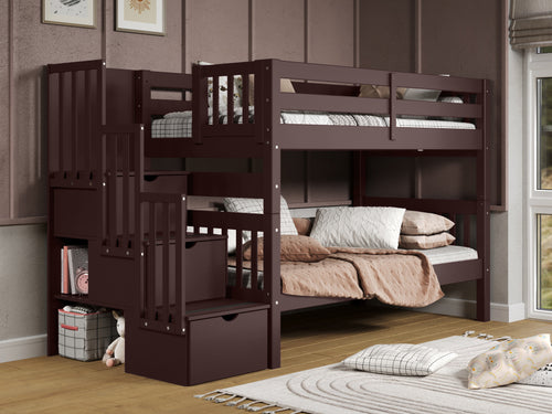 Bunk Beds Twin over Twin Stairway, Dark Cherry