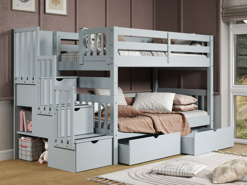 Bunk Beds Twin over Twin Stairway + 2 Drawers in Breezy Blue