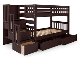 Twin over Twin Bunk Bed Dark Cherry with 3 Step Stairway and Drawers