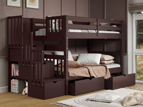 Bunk Beds Twin over Twin Stairway + 2 Drawers in Dark Cherry