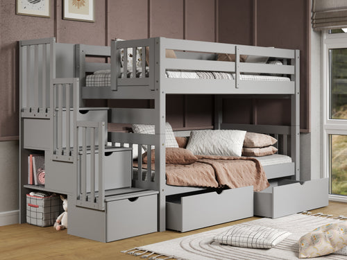 Bunk Beds Twin over Twin Stairway + 2 Drawers in Gray