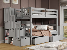 This Twin over Twin Stairway Bunk Bed in Gray with 2 Under Bed Drawers will look great in your child's bedroom