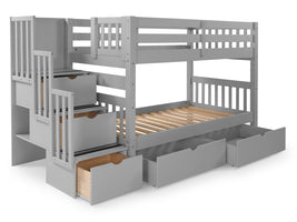 Twin over Twin Bunk Bed Gray with 3 Step Stairway and Drawers