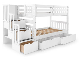 Bunk Beds Twin over Twin Stairway + 2 Drawers in White