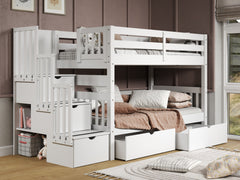 Bunk Beds Twin over Twin Stairway + 2 Drawers in White