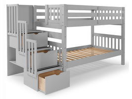 Twin over Twin Bunk Bed Gray with 3 Step Stairway and Drawers