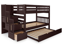 Twin over Twin Bunk Bed Dark Cherry with 3 Step Stairway and Trundle