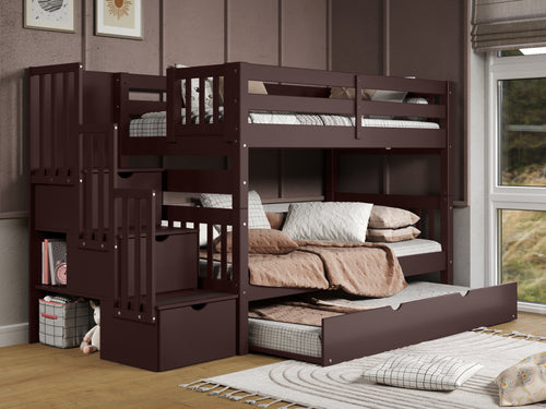 Bunk Beds Twin over Twin Stairway + Trundle, Dark Cherry