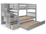Twin over Twin Bunk Bed Gray with 3 Step Stairway and Trundle