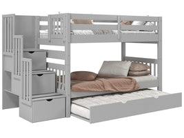 Twin over Twin Bunk Bed Gray with 3 Step Stairway and Trundle