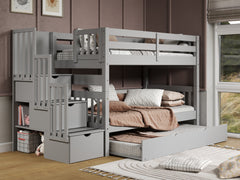 This Twin over Twin Stairway Bunk Bed in Gray with a Twin Trundle will look great in your child's bedroom