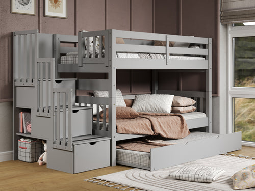 Bunk Beds Twin over Twin Stairway + Trundle in Gray