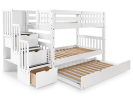 Twin over Twin Bunk Bed White with 3 Step Stairway and Trundle