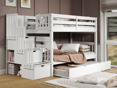 This Twin over Twin Stairway Bunk Bed in White with a Twin Trundle will look great in your child's bedroom