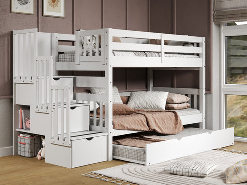 Bunk Beds Twin over Twin Stairway + Trundle in White