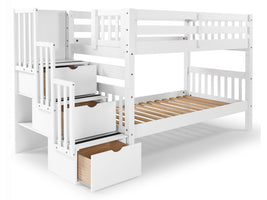 Twin over Twin Bunk Bed White with 3 Step Stairway and Drawers