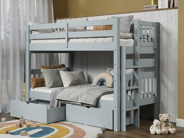 This Twin over Twin Bunk Bed in Breezy Blue with 2 Under Bed Drawers will look great in your child's bedroom